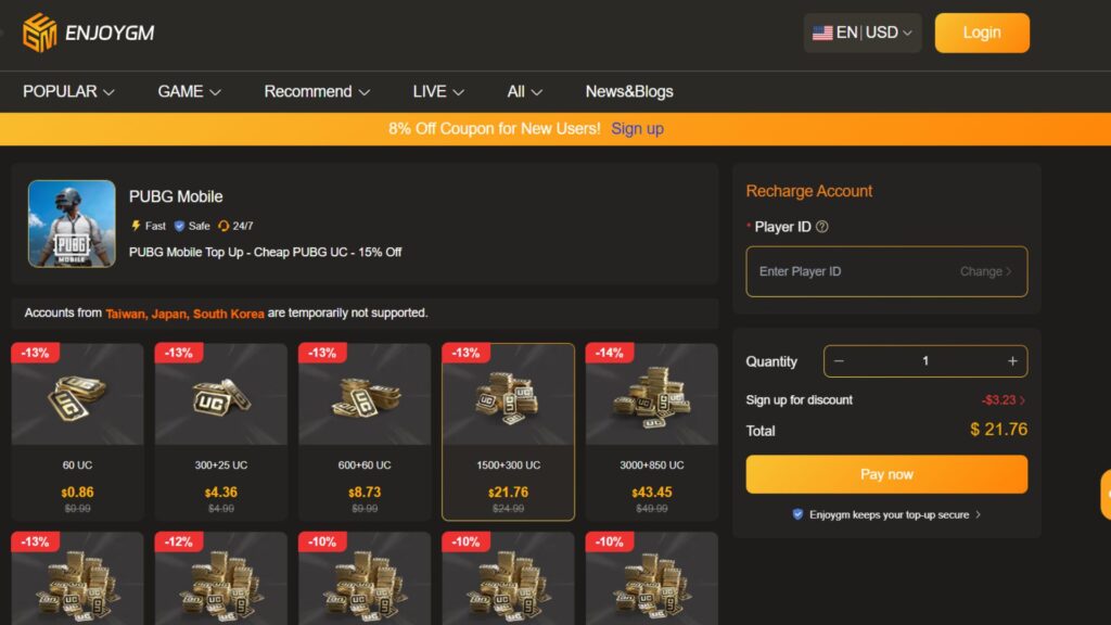 Top Up with Enjoygm for PUBG Mobile