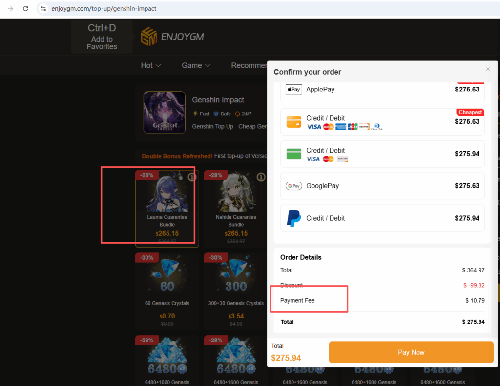 Enjoygm遊戲儲值平台提供多元支付方式，涵蓋 PayPal、Google Pay、信用卡與本地支付，安全可靠。支持跨境支付遊戲充值，價格優惠，即時到帳，並提供透明退款保障，讓全球玩家安心體驗。