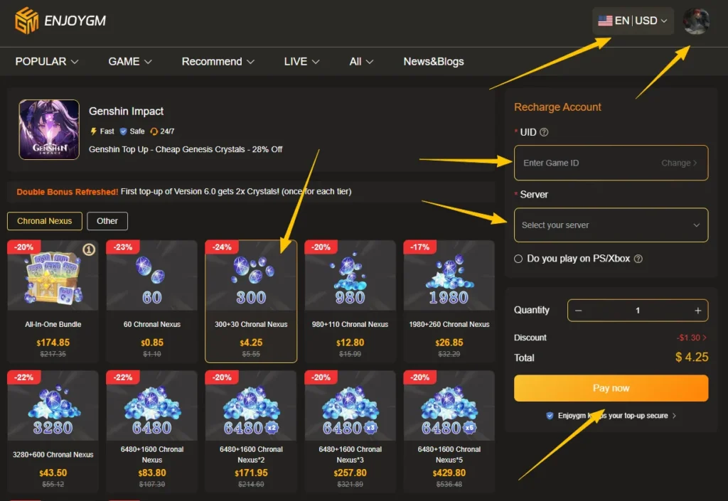 Step-by-step guide to top up cheaper Genshin Chronal Nexus: cheaper top-up via Enjoygm, 25% off, 30s delivery, UID-only. Complete FAQ & tutorial. 