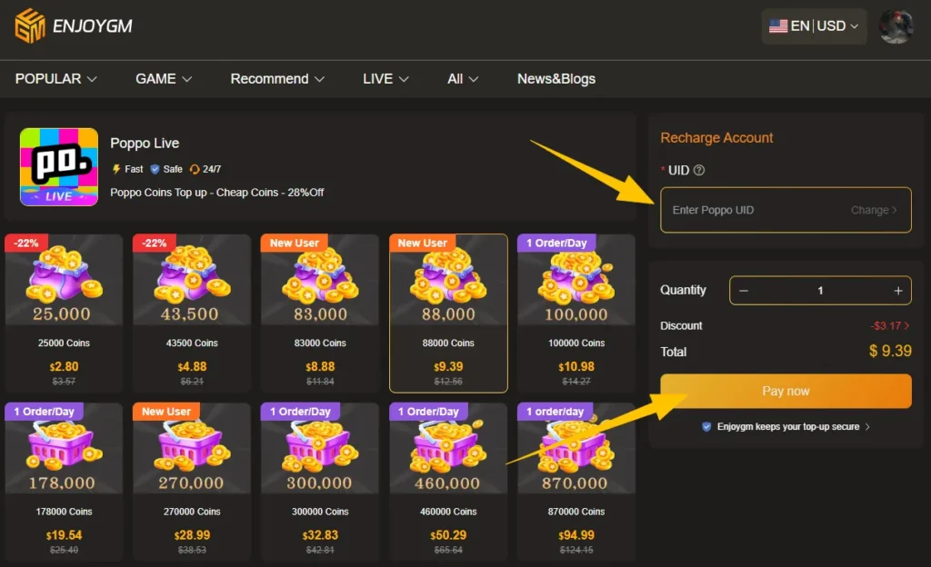Side-by-side 2025 cost breakdown of Bigo Live ＆ Poppo Live for virtual gifting. See which platform is cheaper and how Enjoygm save for both of them.