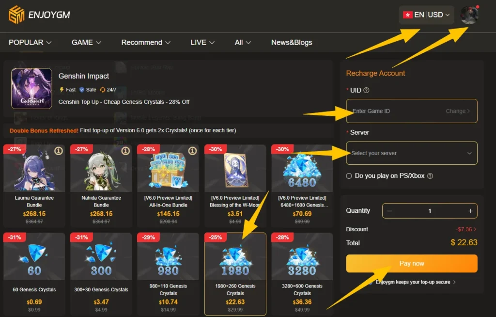 Find out the safest and cheapest way to get your MiHoYo game top-up: legit sources, instant arrival, up to 37% discount & 24/7 real-man customer service.