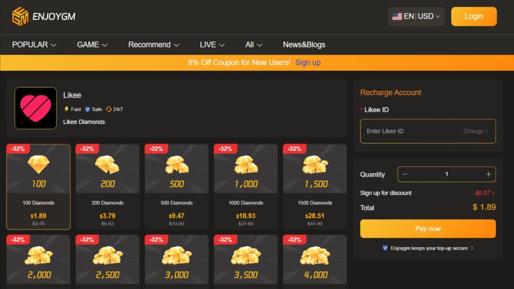 Current Likee Diamond Prices on Enjoygm