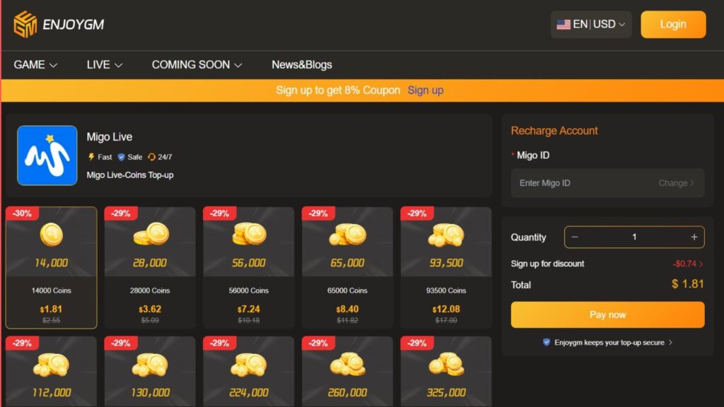 Migo Live in the top up section