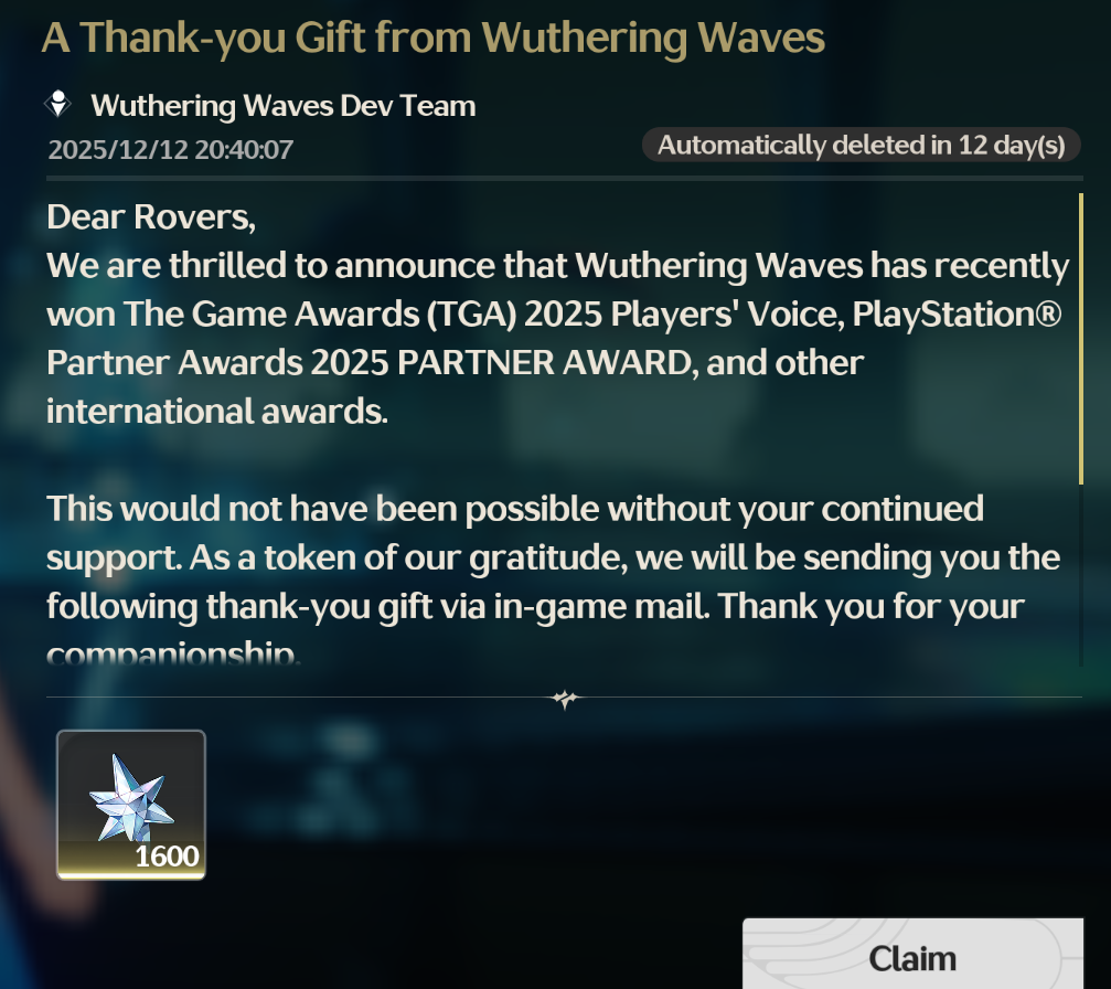 Wuthering Waves Games Award