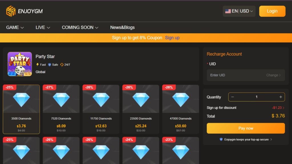 Step-by-Step Guide to Top-Up Party Star Diamonds on Enjoygm
