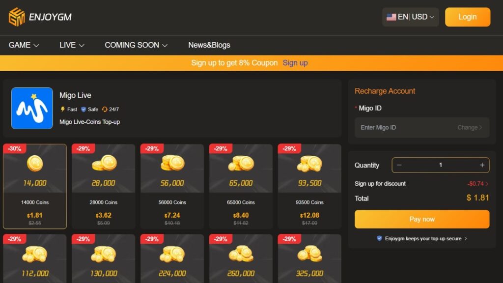 recharge Migo Live coins