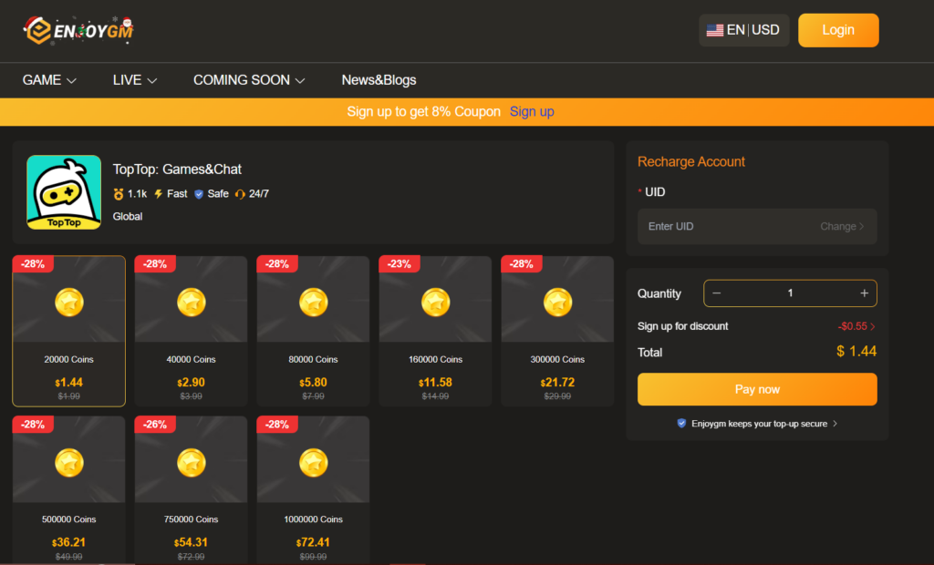 TopTop Coins recharge